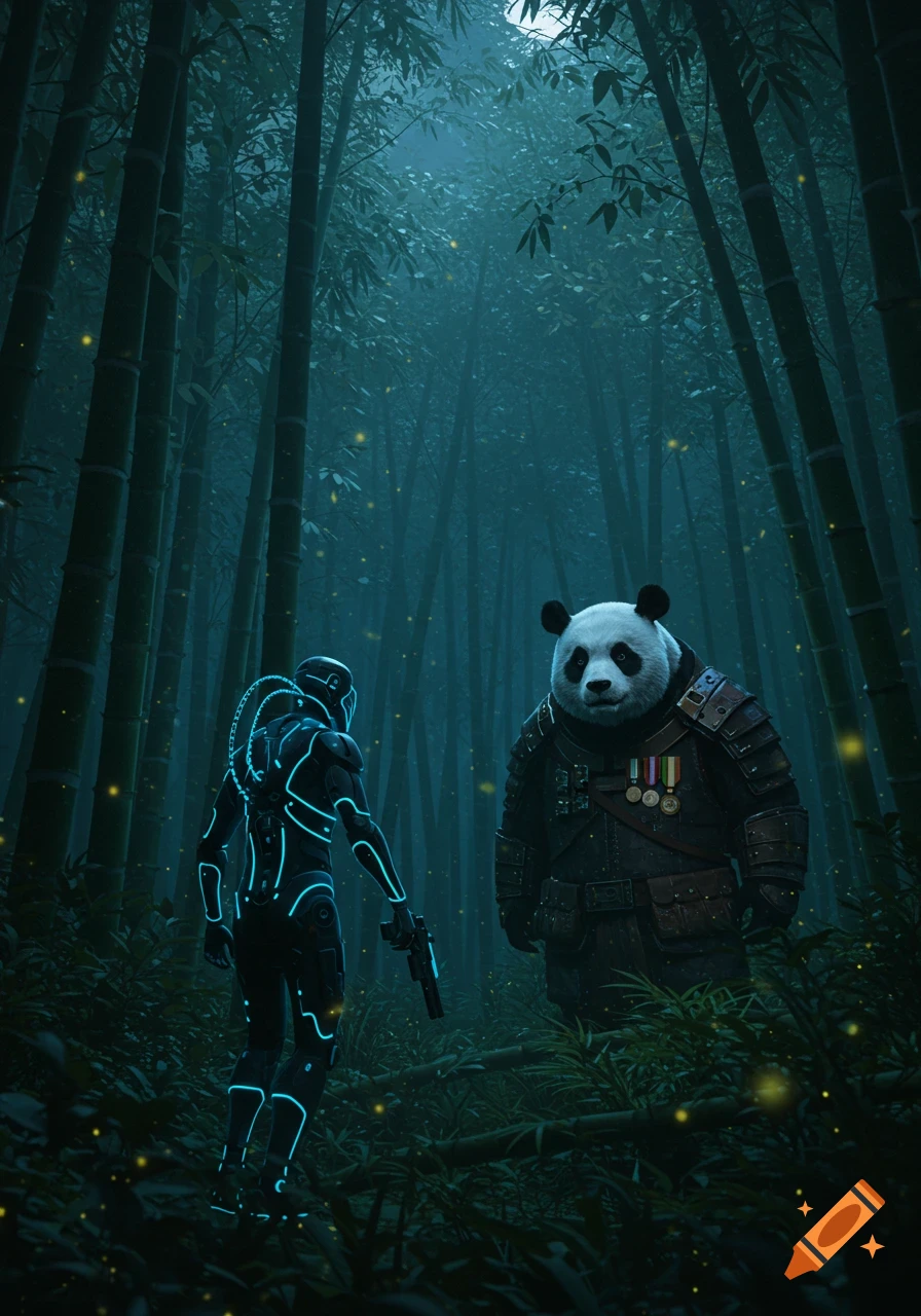 A cyber hacker in a glowing suit confronts a military panda wearing medals in a dark, misty bamboo forest under moonlight.