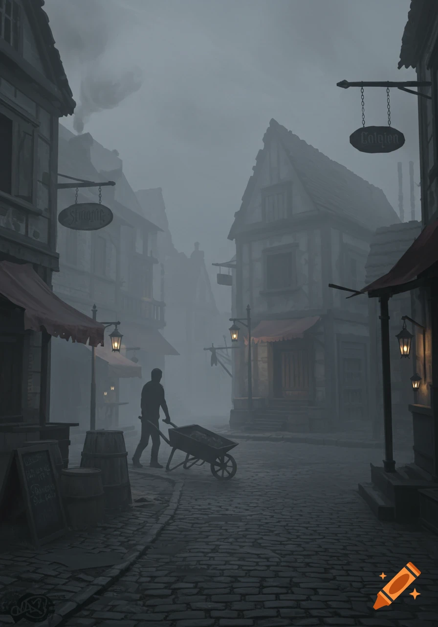 A silhouetted figure pushes a wheelbarrow through a misty, cobblestone village street at night, lined with old buildings and glowing lanterns, in a dark fantasy art style.