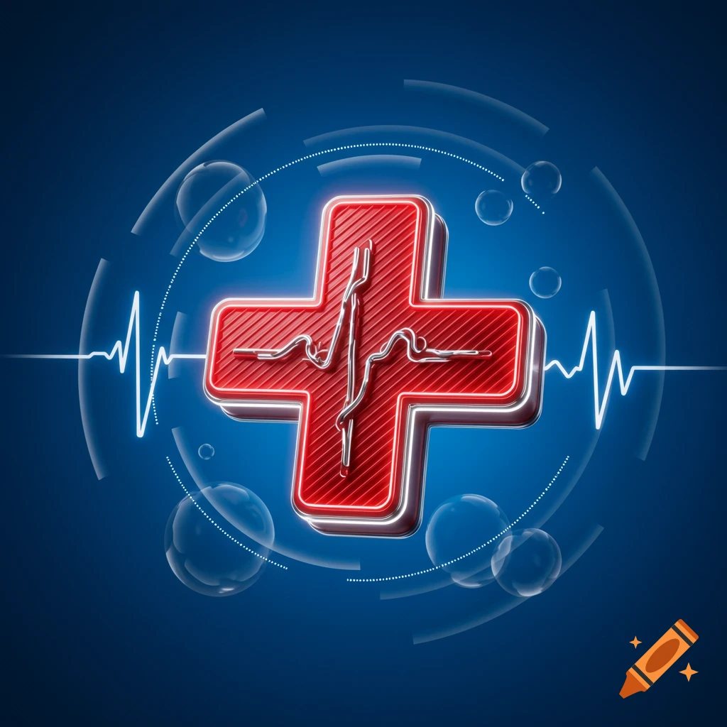 3D illustration of a red medical cross with a glowing ECG line, surrounded by bubbles on a blue background.