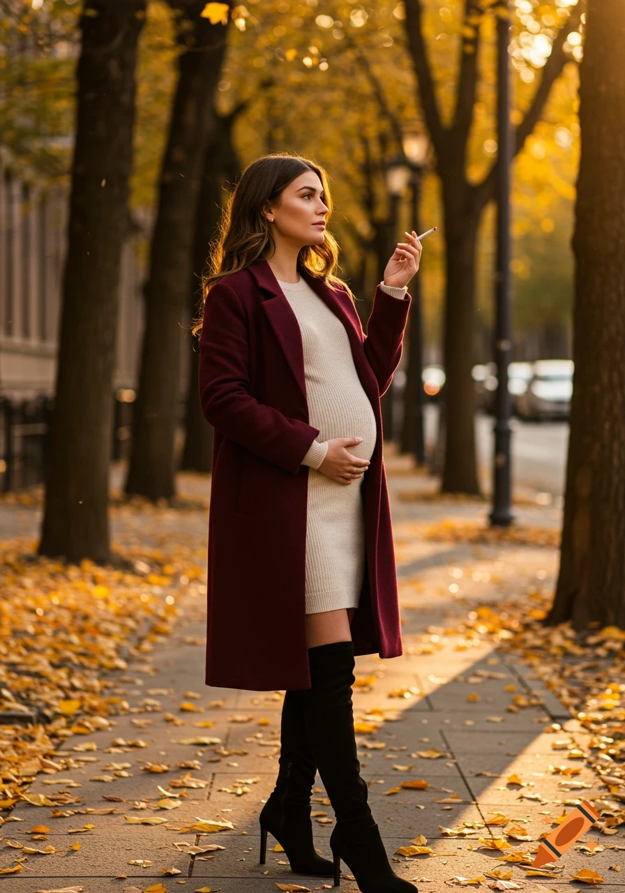 A pregnant woman in a burgundy coat and cream dress stands on an autumn city sidewalk, smoking a cigarette and cradling her belly.