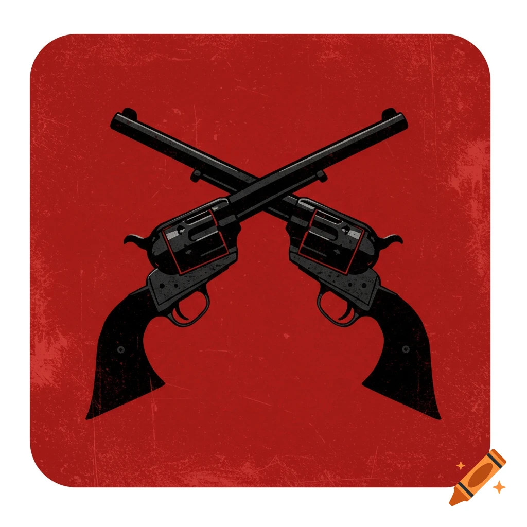 Stylized icon of two black revolvers crossed on a distressed red background, like a badge.