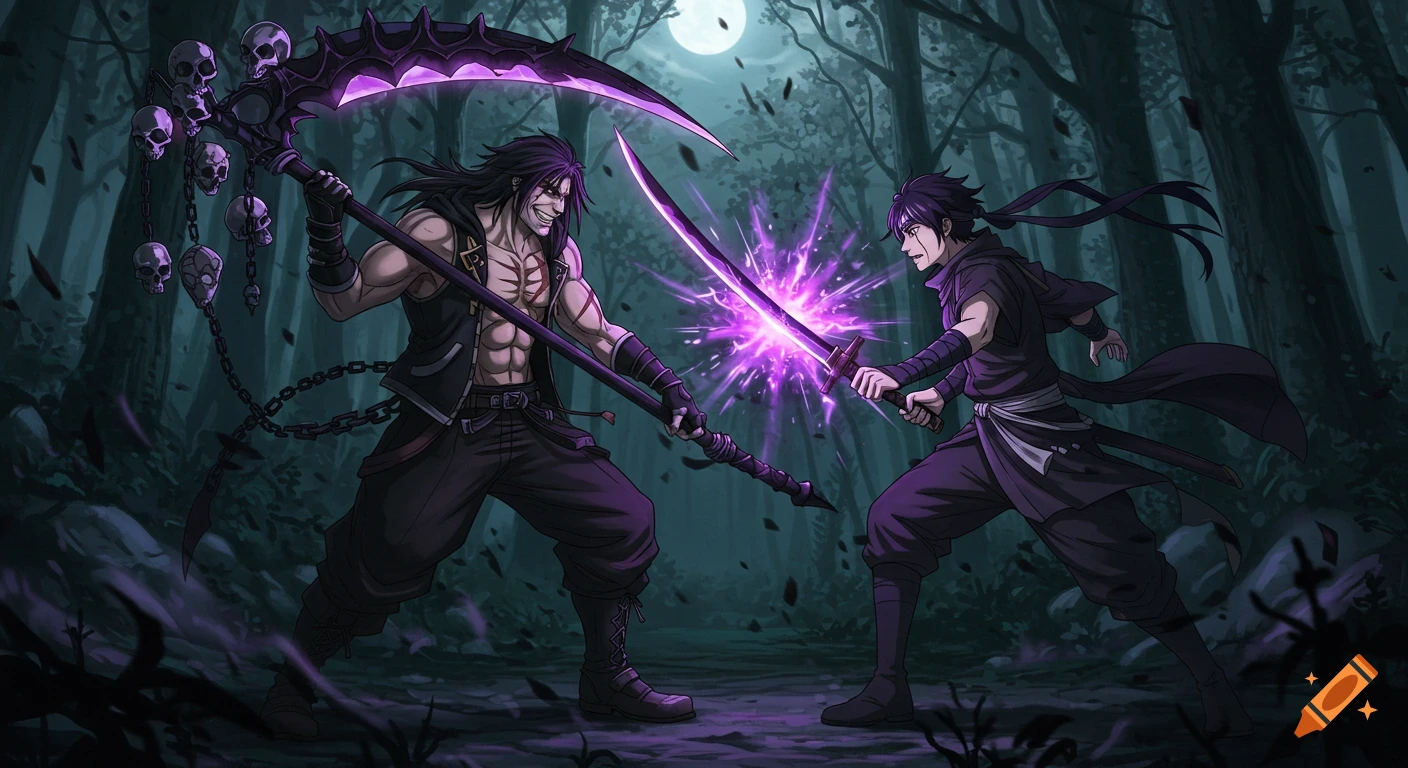 Two anime-style warriors clash swords and a scythe in a dark, moonlit forest, with purple energy emanating from their weapons.