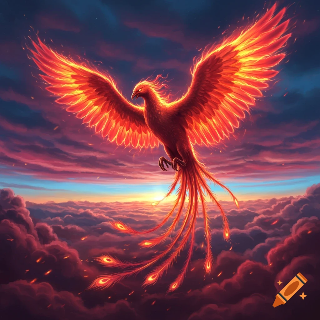 A vibrant, fiery phoenix with outstretched wings soars above a dramatic, cloudy sunset sky, stylized fantasy art.