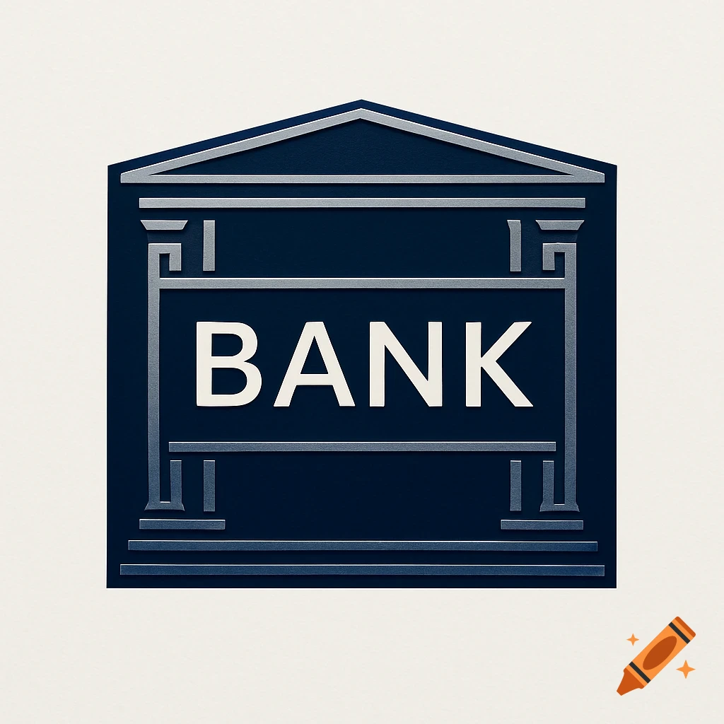 A dark blue and silver logo in the shape of a bank building facade with the word 'BANK' in the center.