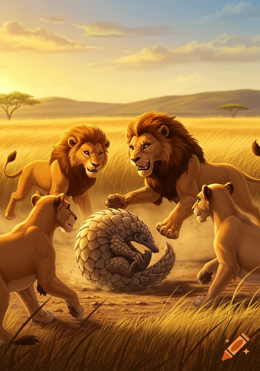 Cartoon illustration of a pride of lions surrounding a curled-up pangolin, like playing soccer, on a golden savanna at sunset.
