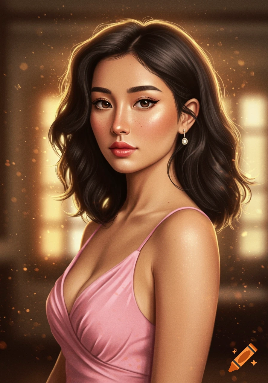 A stylized realistic portrait of a young woman with dark hair, brown eyes, and light makeup, wearing a pink dress, looking at the viewer against a sparkling bokeh background.