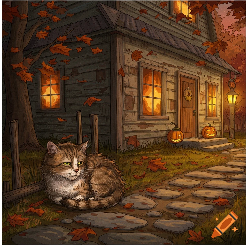 A fluffy tabby cat with green eyes curled on a stone path, in front of a rustic house adorned with pumpkins and autumn leaves, warm lights glow from the windows.
