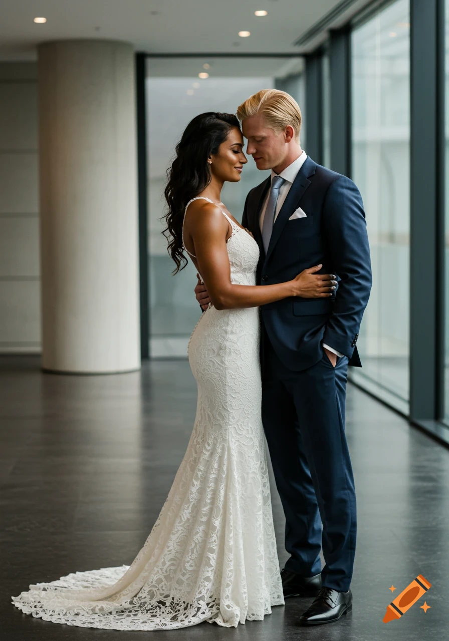 A photorealistic portrait of a bride in a white lace gown embracing her groom in a blue suit in a modern wedding venue.