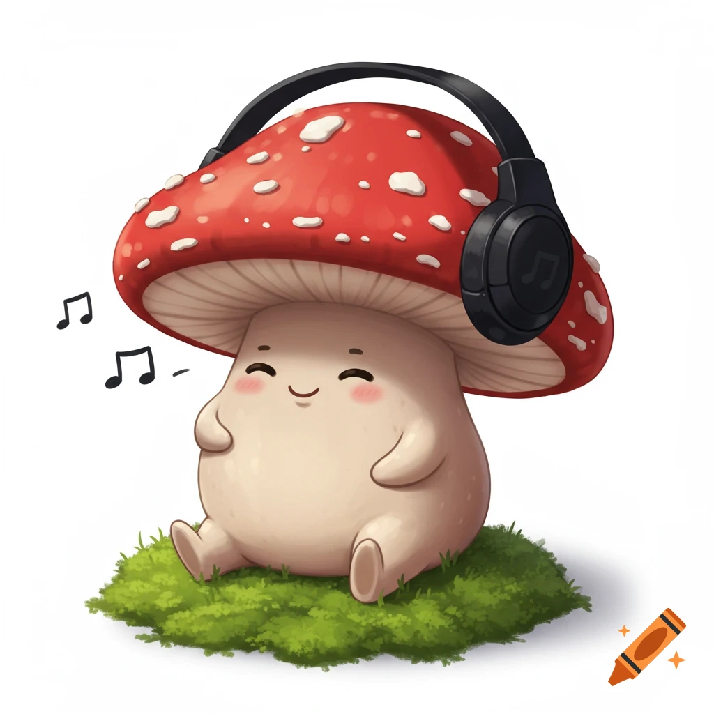 A cute cartoon mushroom with a red spotted cap sits on grass, wearing headphones with musical notes floating around it, on a white background.