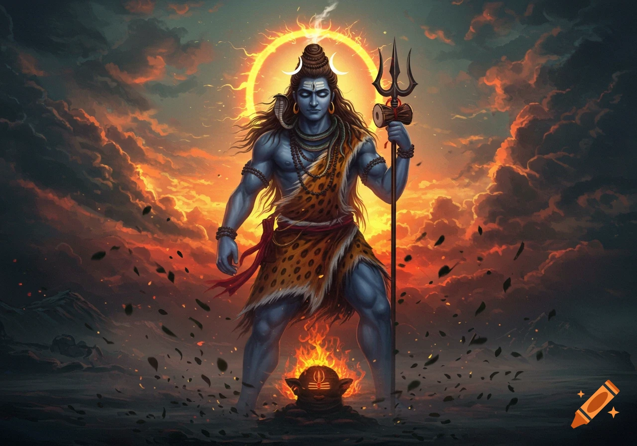 Powerful blue-skinned Shiva with dreadlocks, a trident, and leopard skin stands before a fiery sky and glowing halo, with a small fire at his feet.