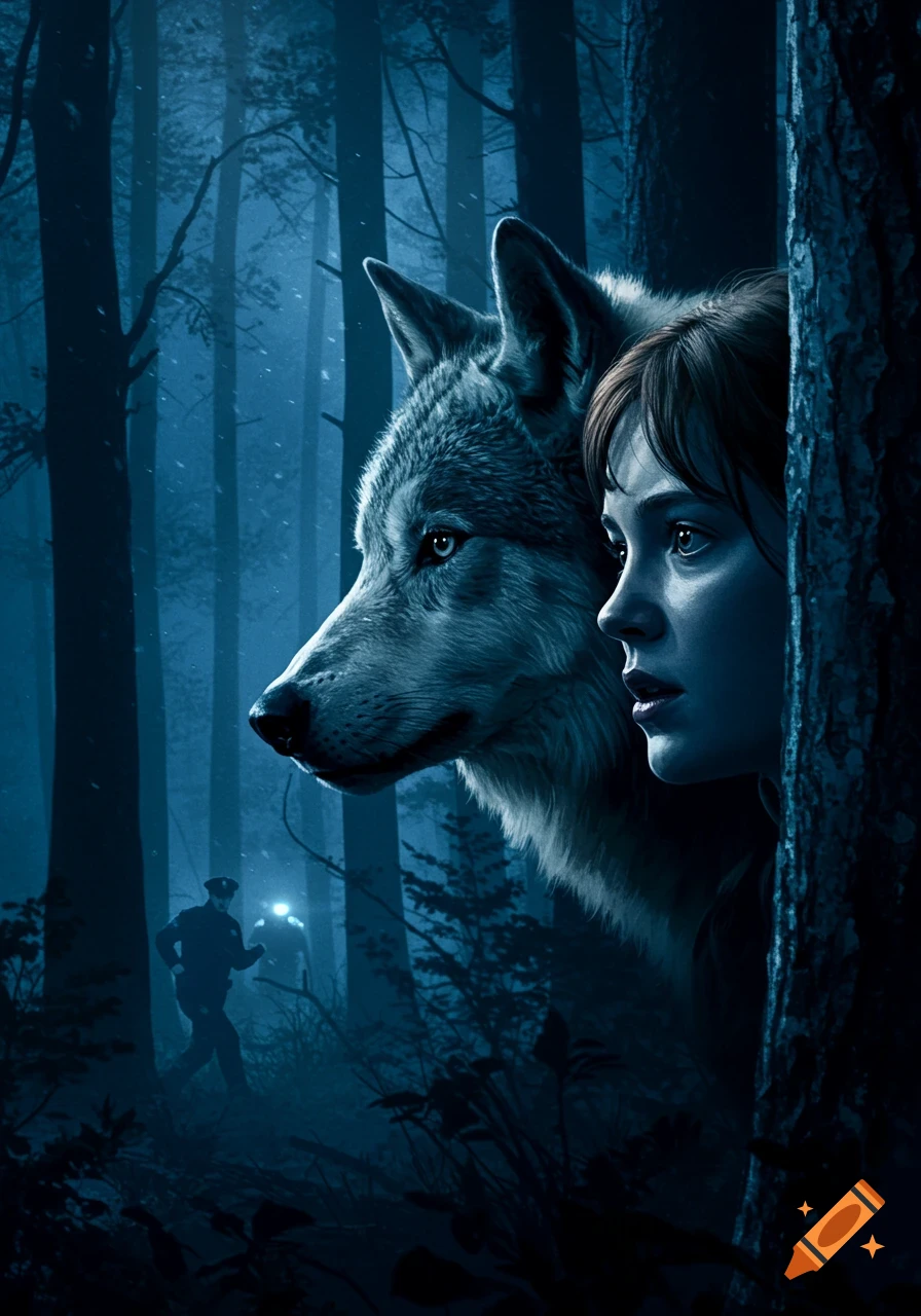 A girl and a wolf hide behind a tree in a dark forest as police officers with flashlights approach in the background. Digital painting.
