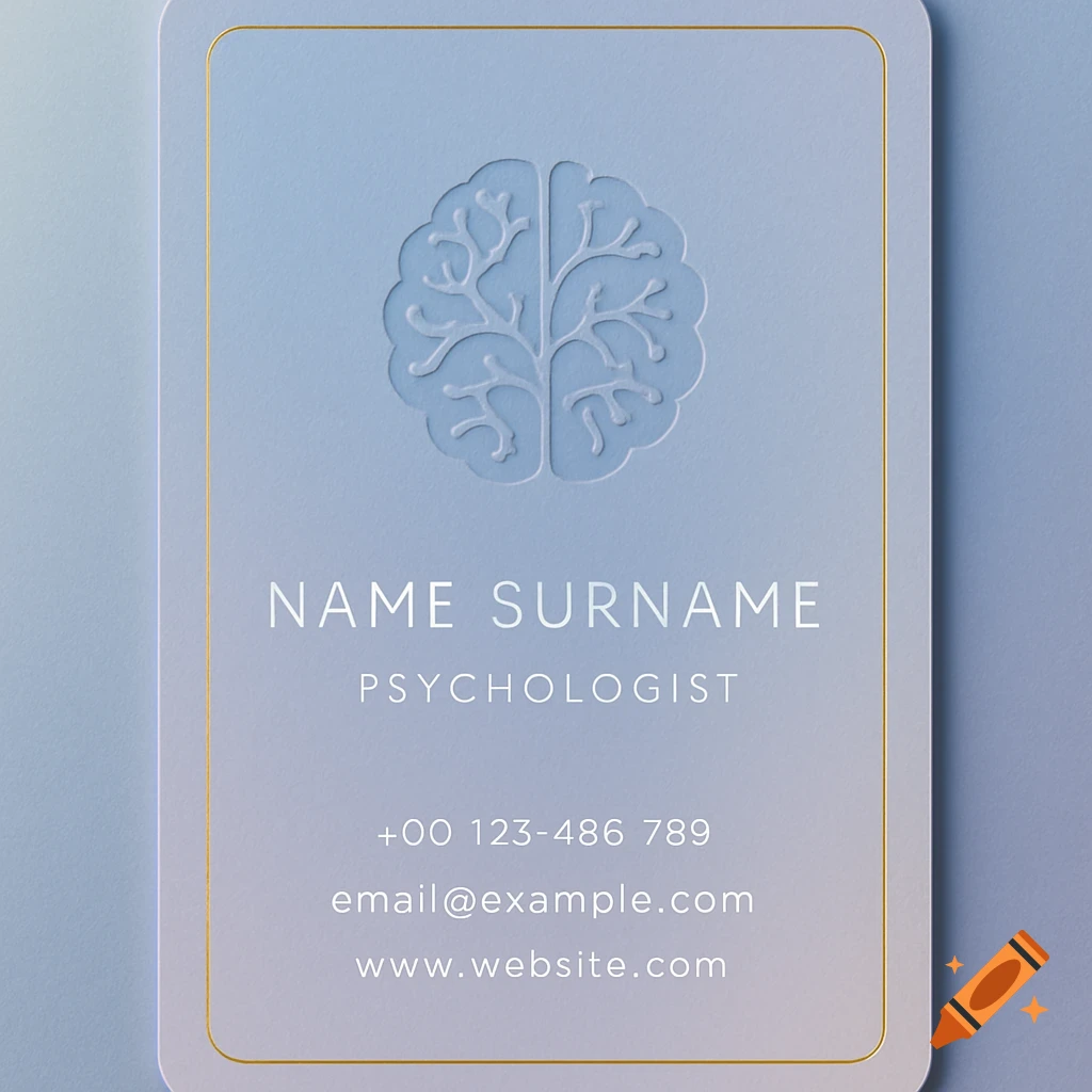 Minimalist light blue business card with a gold border and embossed brain logo. Placeholder text for a psychologist's contact info.