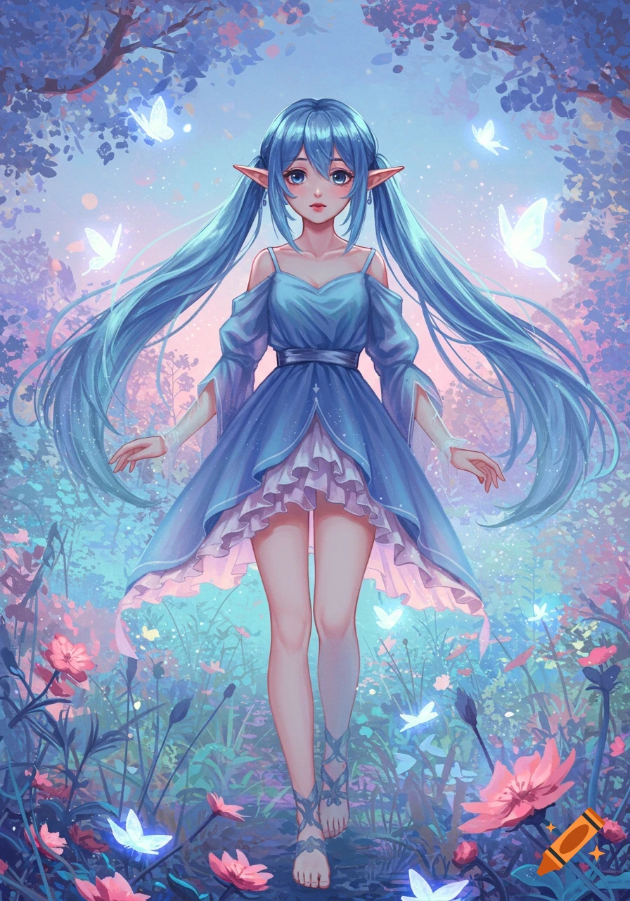 Anime elf girl with long blue hair and a blue dress in a glowing fantasy forest with butterflies.