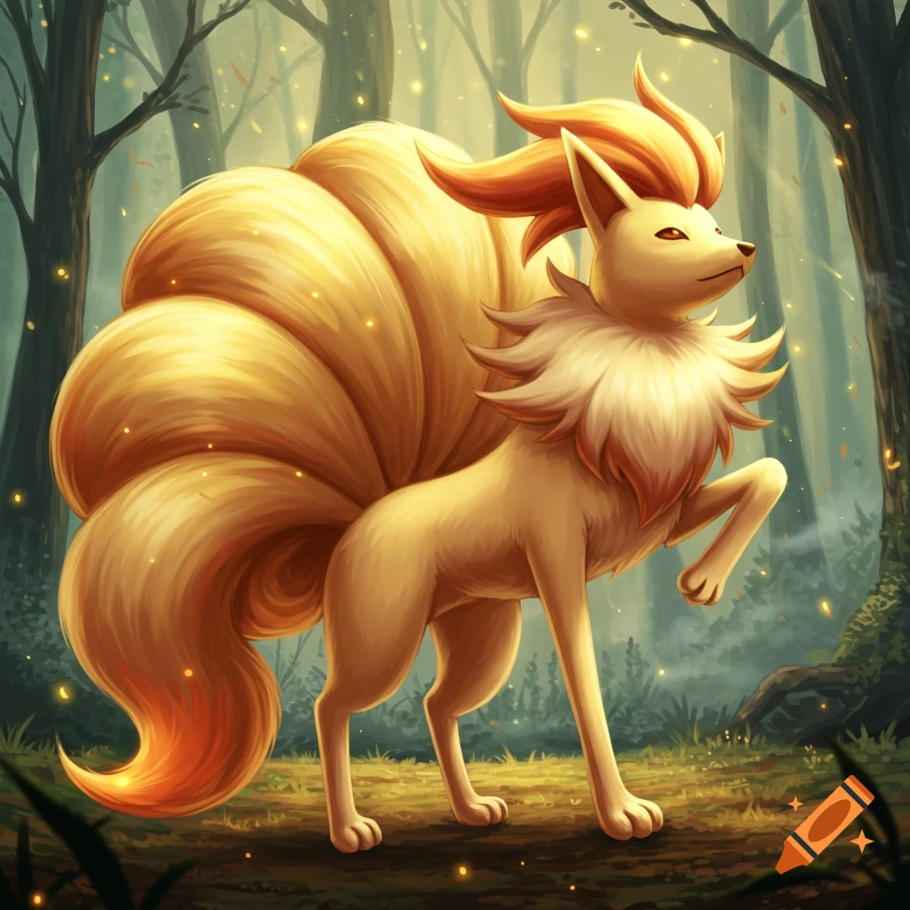 A golden nine-tailed fox-like Ninetales Pokemon with a fluffy mane, standing in a magical forest with glowing lights.