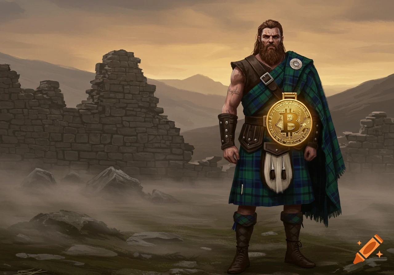 A stylized Scottish warrior in a kilt and tartan cloak stands among ancient ruins, wearing a large golden Bitcoin medal.