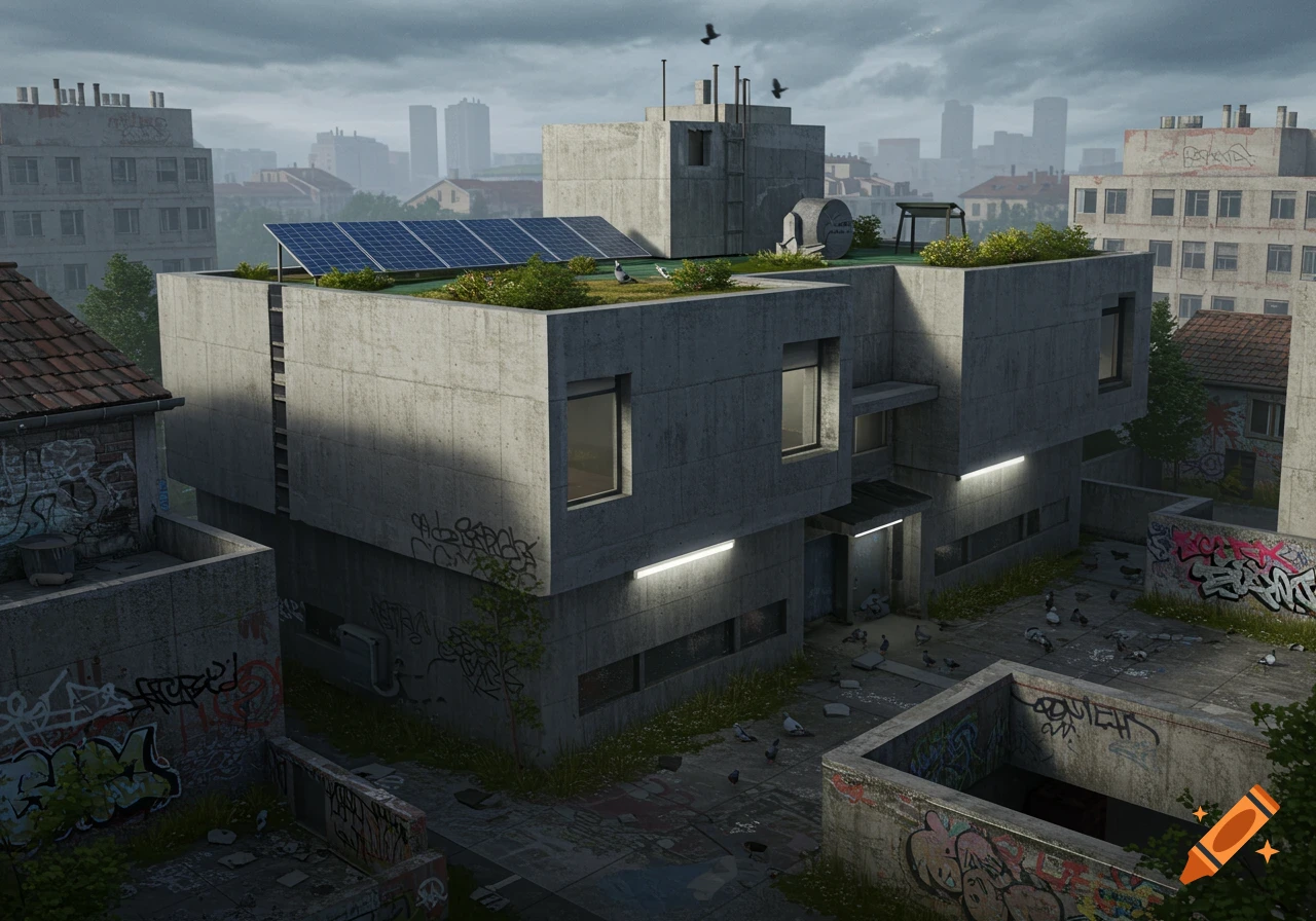 Photorealistic urban scene with concrete buildings, graffiti, solar panels, and pigeons under an overcast sky.