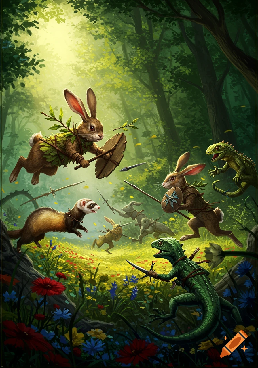 Fantasy illustration of armored rabbits, a ferret, and lizards battling in a lush forest clearing with colorful flowers.