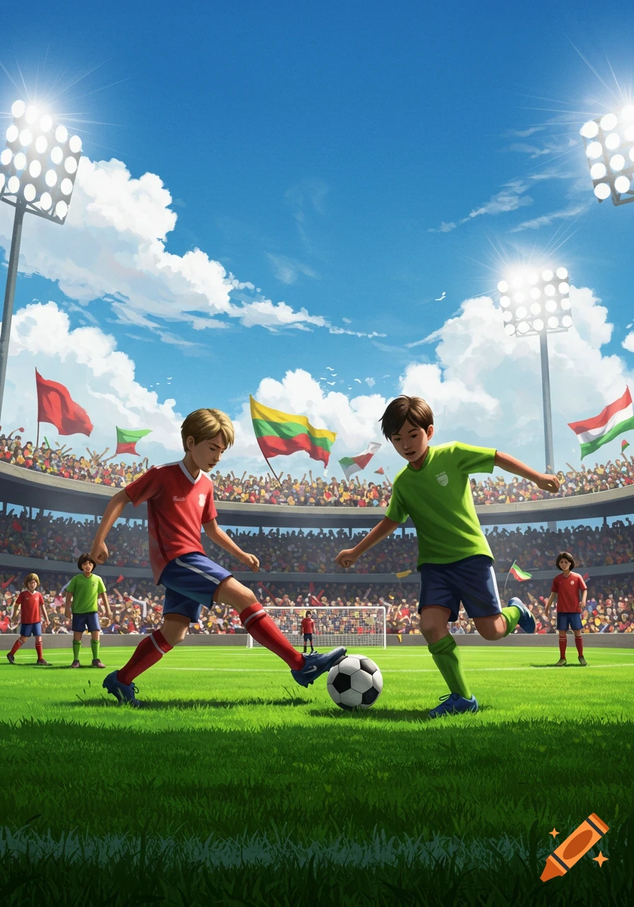Two young boys play football on a bright green field in a stadium filled with a cheering crowd, under a clear blue sky.