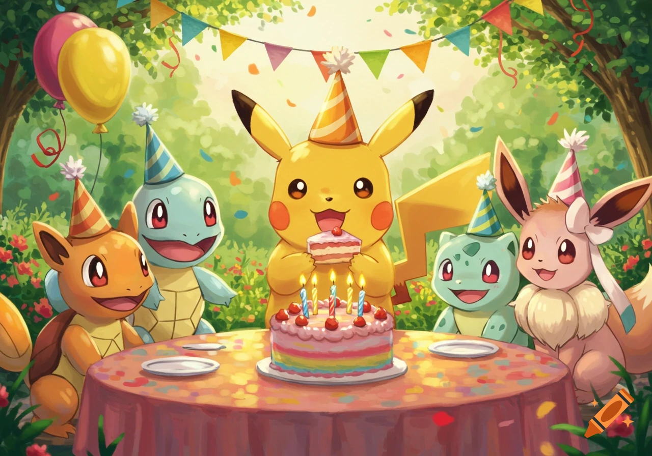 Pikachu, Charmander, Squirtle, Bulbasaur, and Eevee wearing party hats, celebrating a birthday in a forest clearing.