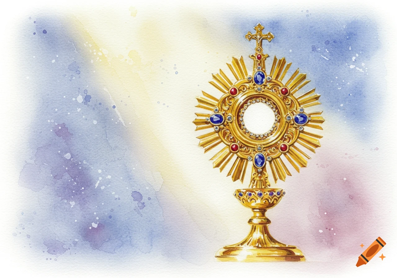A golden monstrance adorned with red and blue gems, depicted in a watercolor style with a soft blue, purple, and yellow background.