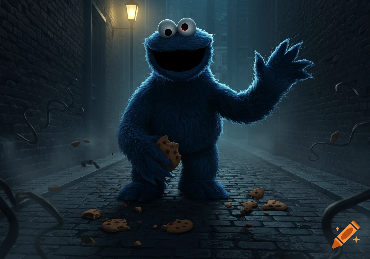 Evil Cookie Monster holding a half-eaten cookie, waving in a dark, atmospheric cobblestone alley with scattered cookie crumbs.