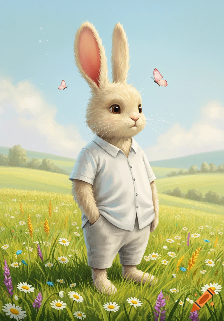 An anthropomorphic rabbit in a white shirt and shorts stands in a vibrant wildflower field under a blue sky, with butterflies.