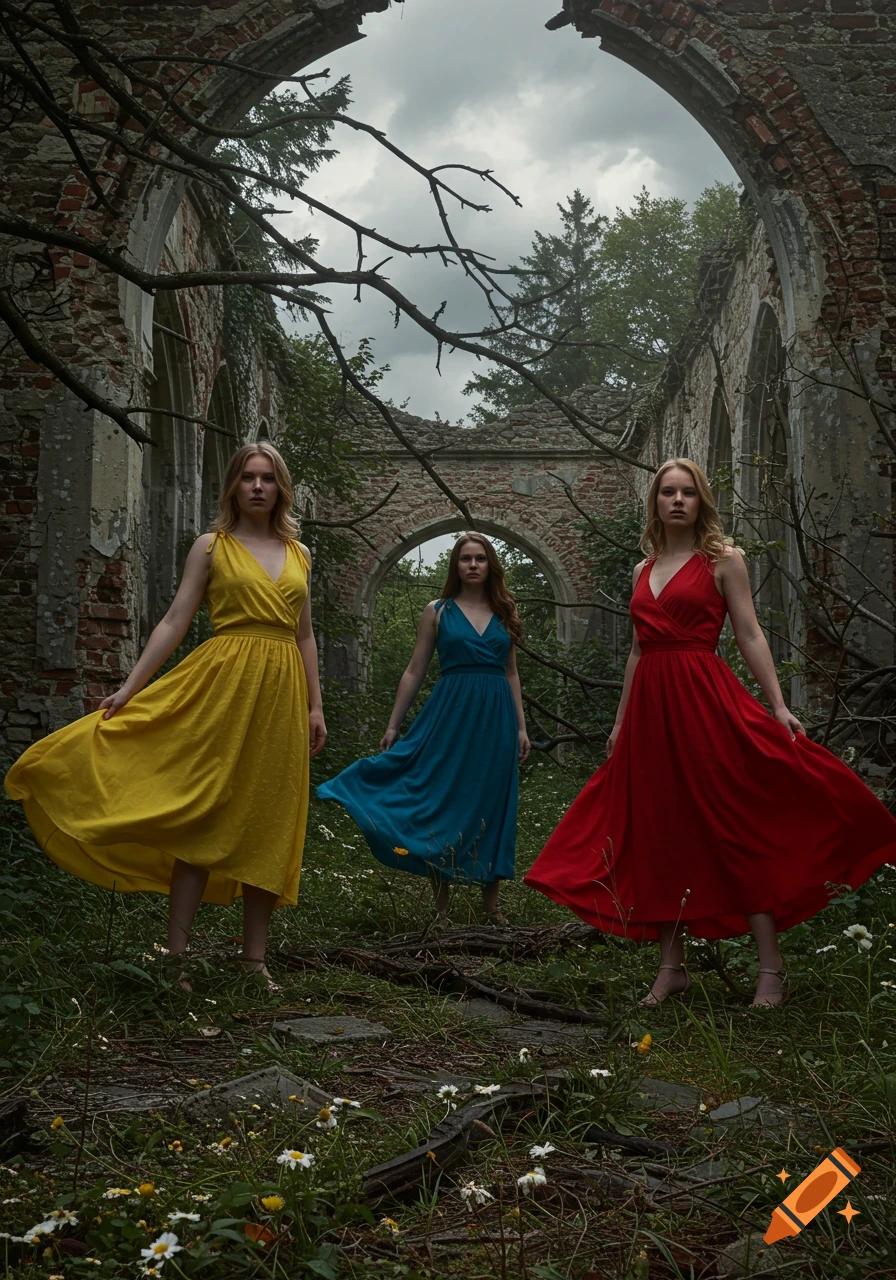 Three women in yellow, blue, and red dresses stand in the overgrown ruins of a building, looking serious.
