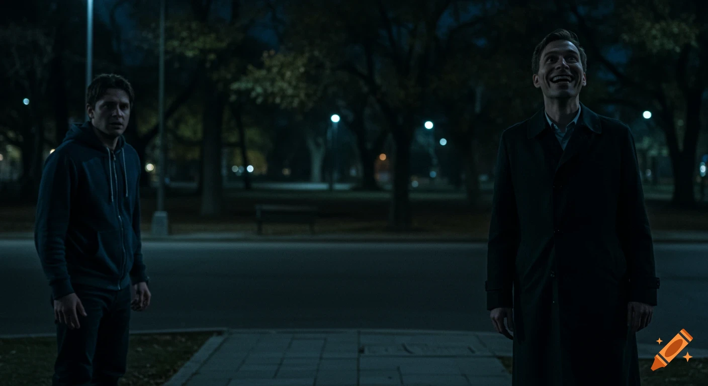 Two men stand on opposite sides of a dark street at night, one looking worried, the other smiling creepily, in an urban park.