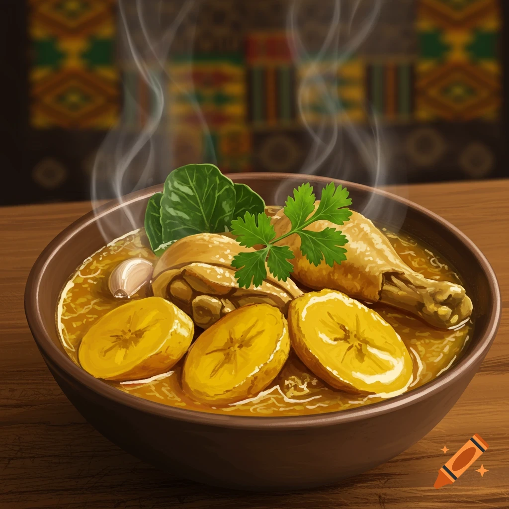 A steaming bowl of Ghanaian chicken soup with chicken pieces, sliced plantains, a garlic clove, and fresh herbs in an illustration style.