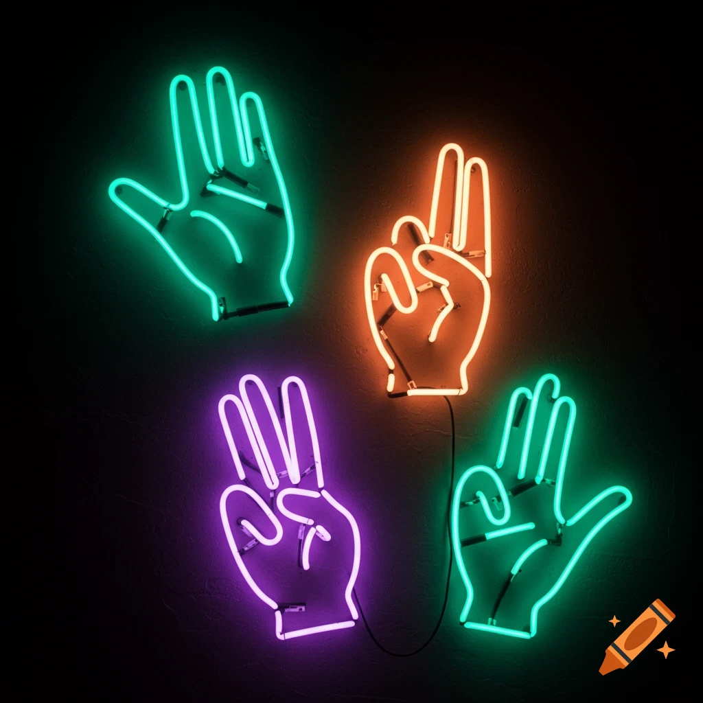 Four vibrant neon hand signs in turquoise, orange, purple, and teal glow against a dark wall.