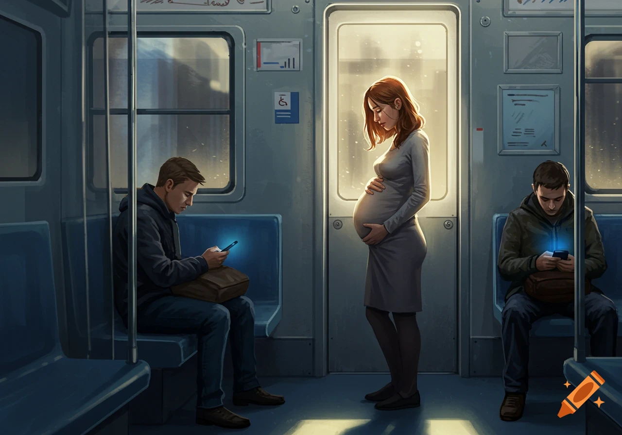 A pregnant woman stands on a subway train, holding her belly, as two men seated nearby look at their phones. Digital illustration.
