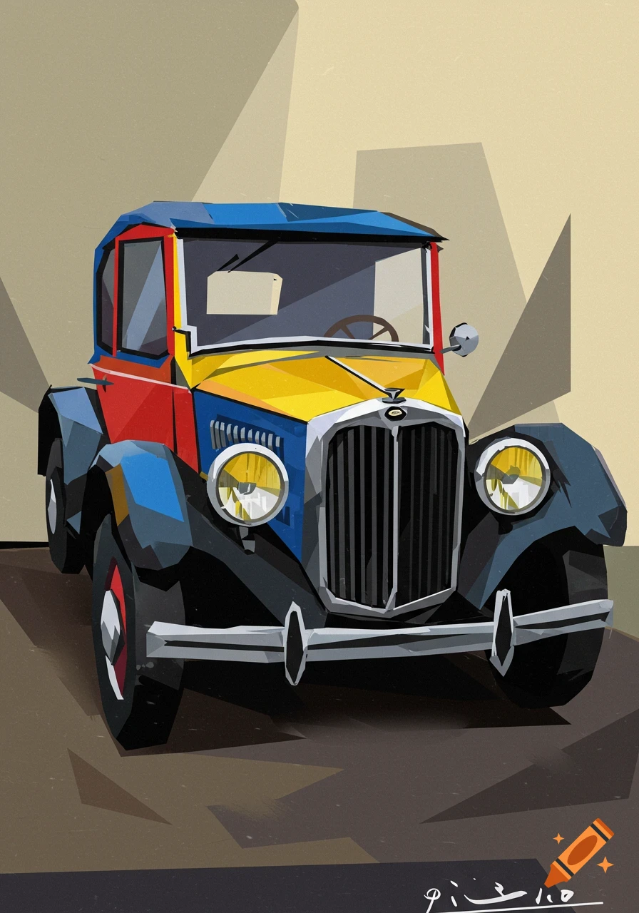 A colorful, cubist-style painting of a vintage car, featuring geometric shapes and bold colors like red, yellow, and blue.