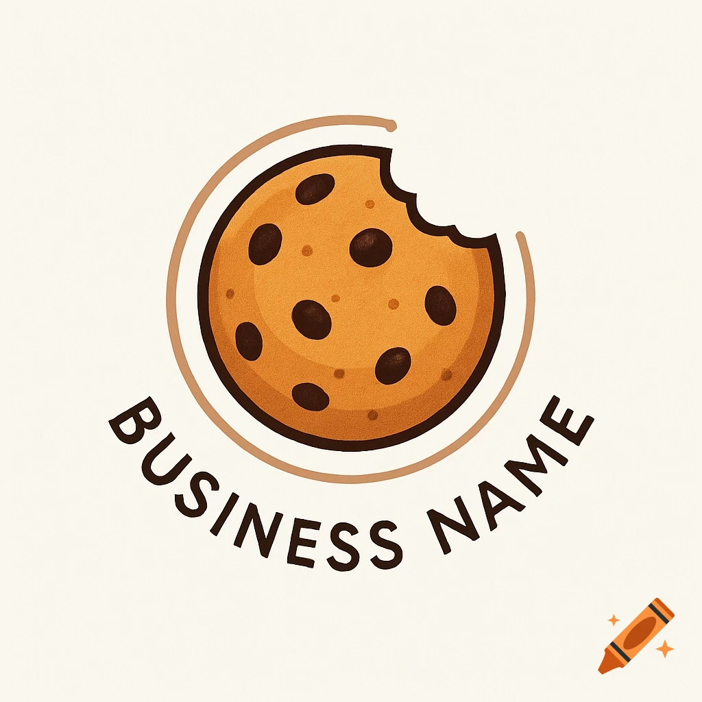 A stylized logo featuring a round, bitten chocolate chip cookie with the words 'BUSINESS NAME' curving below it on a white background.
