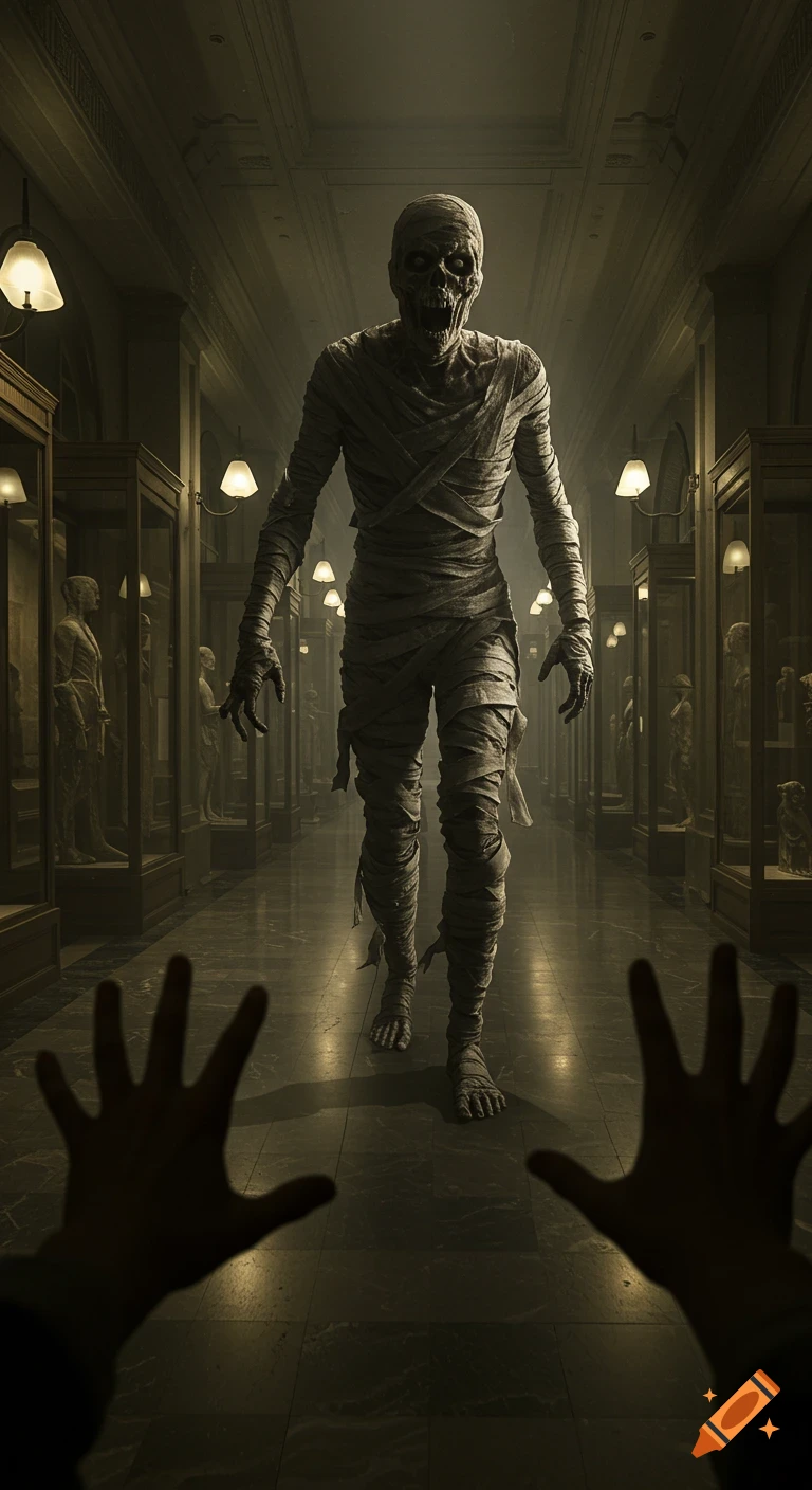 First-person perspective of a scary mummy walking down a long, dimly lit museum hallway towards the viewer, with blurry hands in the foreground.