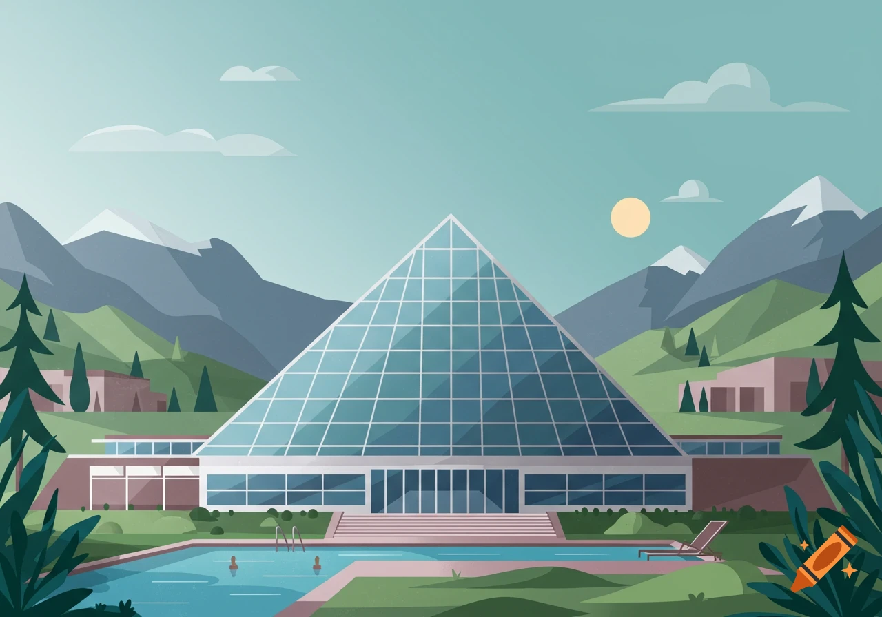 Flat illustration of a modern glass pyramid spa building with an outdoor pool, green mountains, and pine trees under a light blue sky.