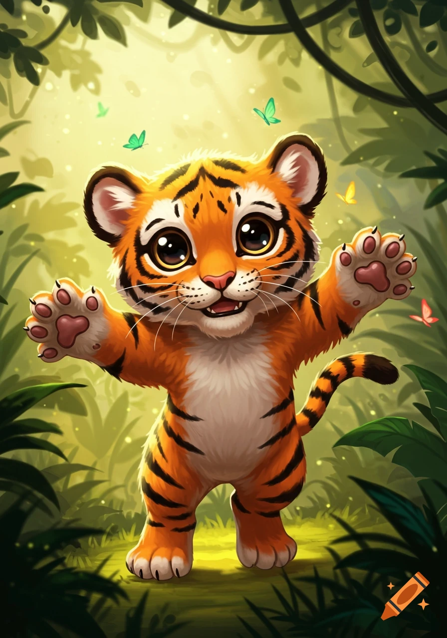 A cute, cartoon illustration of a baby tiger with big eyes and paws raised, standing in a vibrant jungle with butterflies.