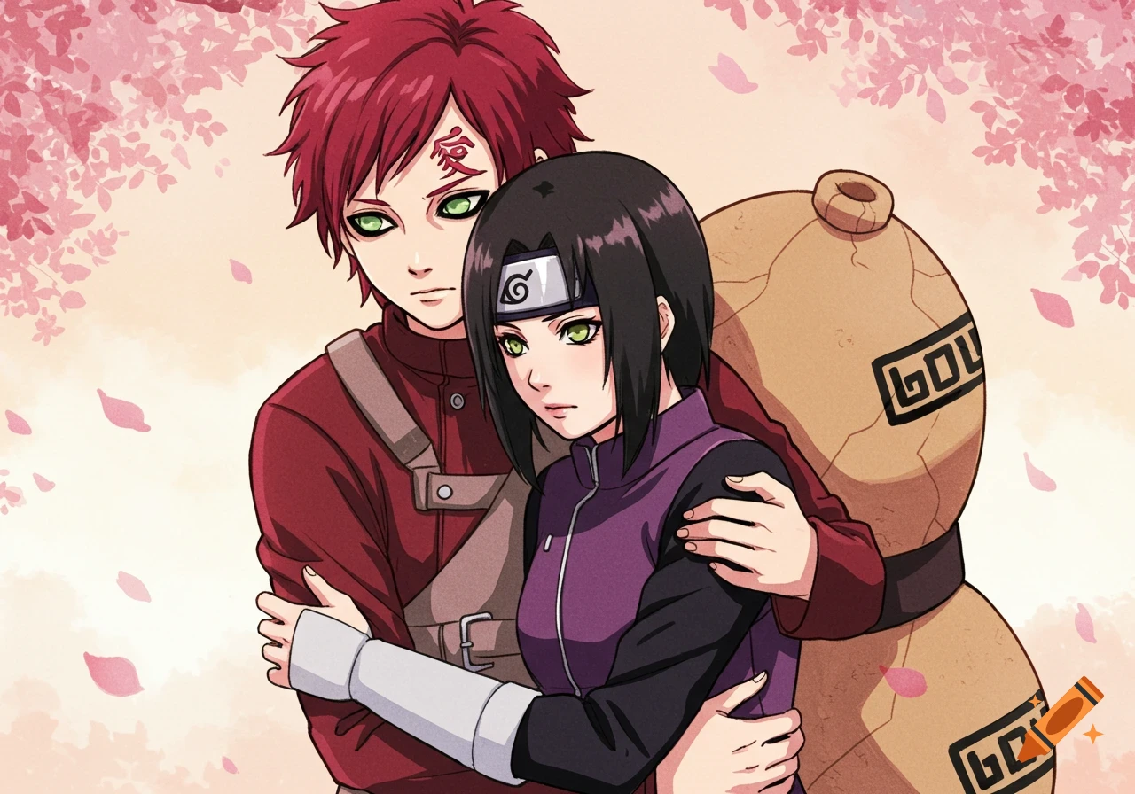An anime-style image of Gaara, a man with red hair and a kanji on his forehead, hugging a black-haired woman wearing a Leaf Village headband, with pink petals in the background.