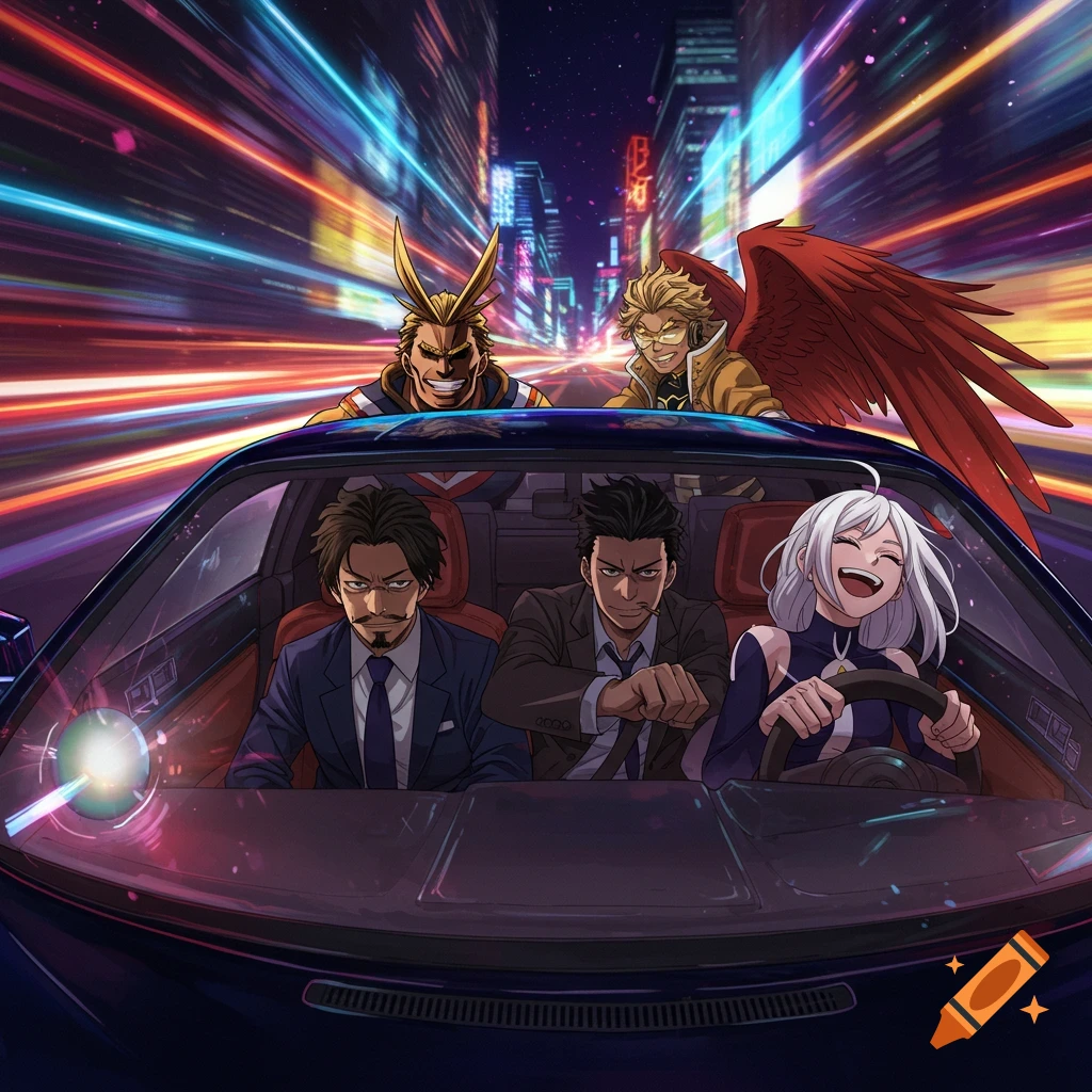 All Might, Hawks, Mr. Aizawa, and Mirko in an anime style, driving a car at high speed through a futuristic city at night, surrounded by colorful light trails.