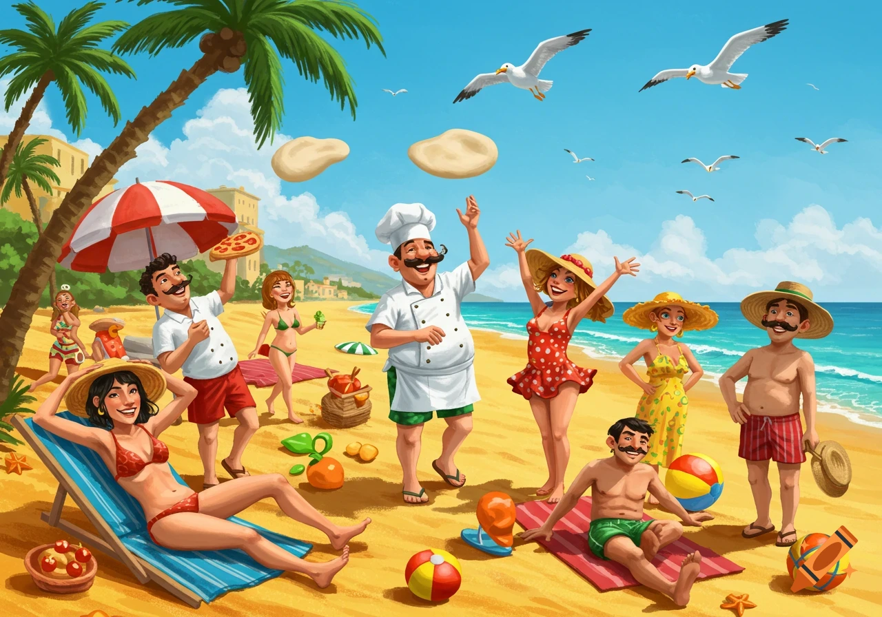 Vibrant cartoon of Italian characters at a sunny beach, with a chef throwing pizza dough, others relaxing and holding pizza.