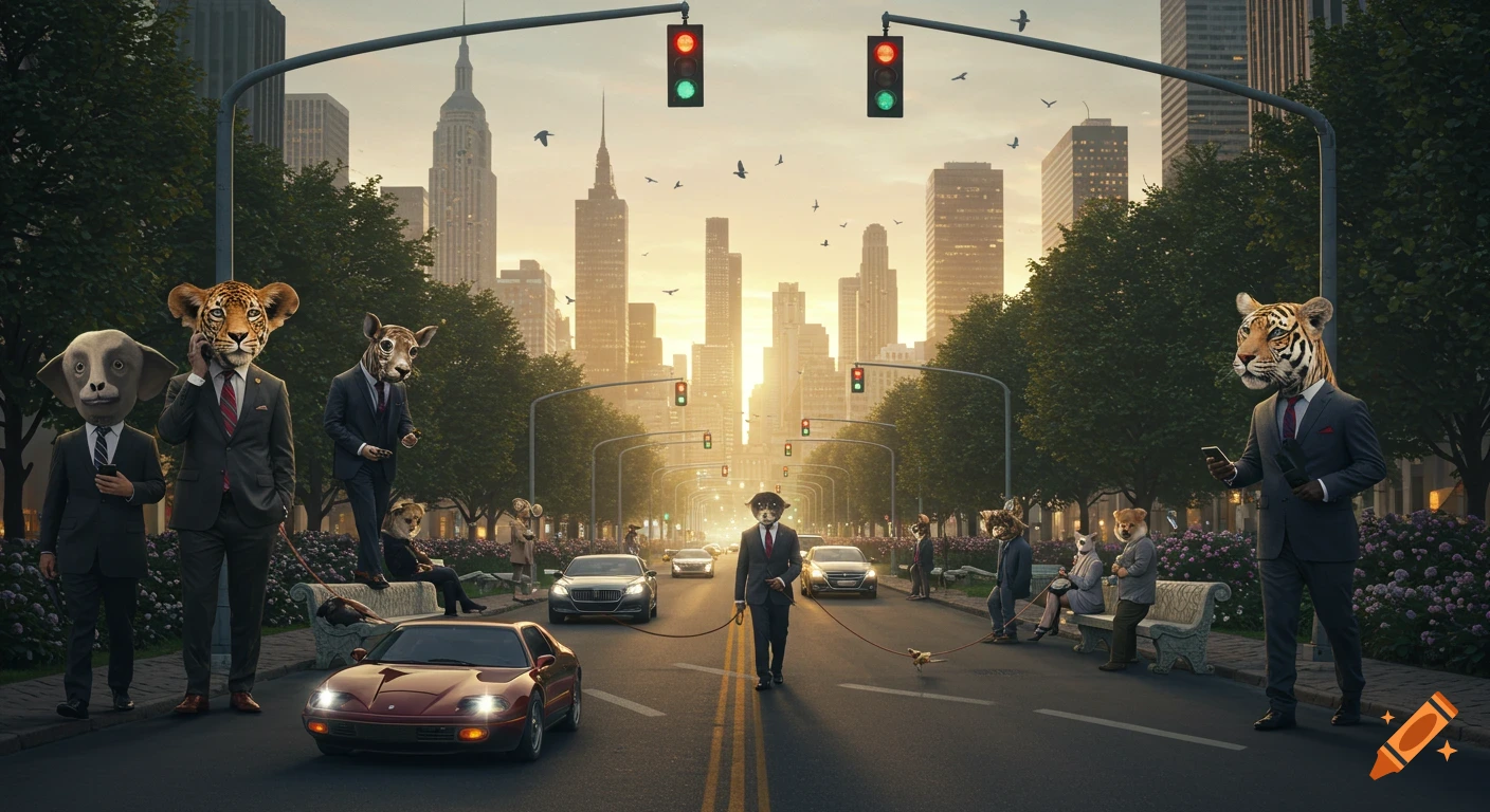 Photorealistic image of anthropomorphic animals in business suits walking through a city at sunset, with cars and tall buildings.