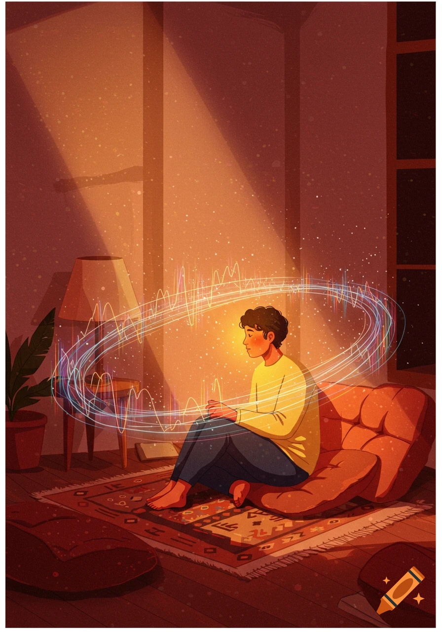 Illustration of a person meditating in a warm room, surrounded by colorful, glowing sound waves or energy.