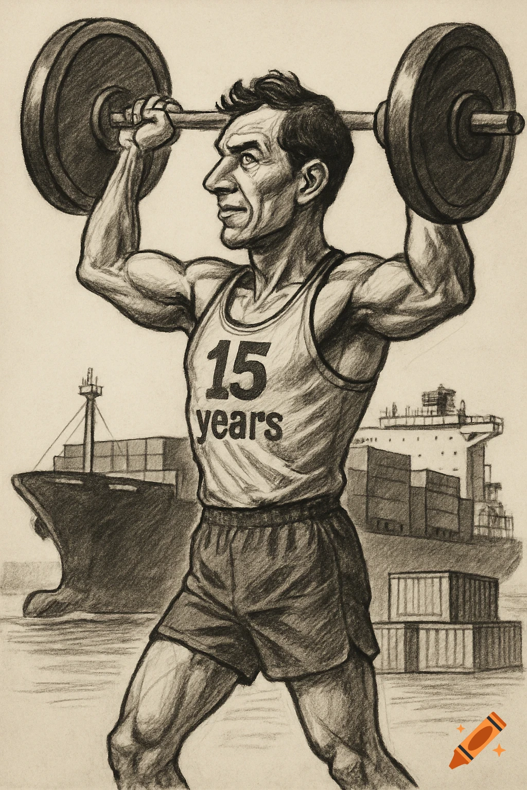 A black and white caricature drawing of a muscular man in a '15 years' tank top lifting a barbell, with container ships in the background.