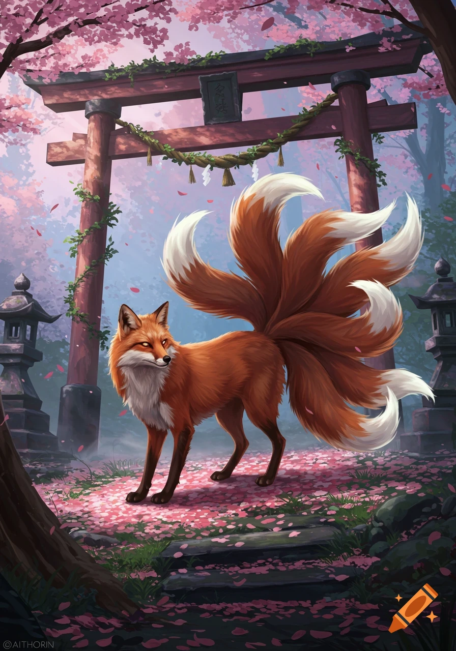 A nine-tailed orange fox (Kitsune) stands on a path covered in pink cherry blossom petals, with a red torii gate behind it in a lush forest.
