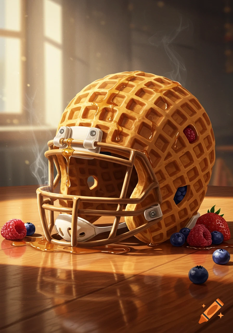 A creative image of a football helmet crafted from a waffle, dripping with syrup and surrounded by fresh berries on a wooden table.