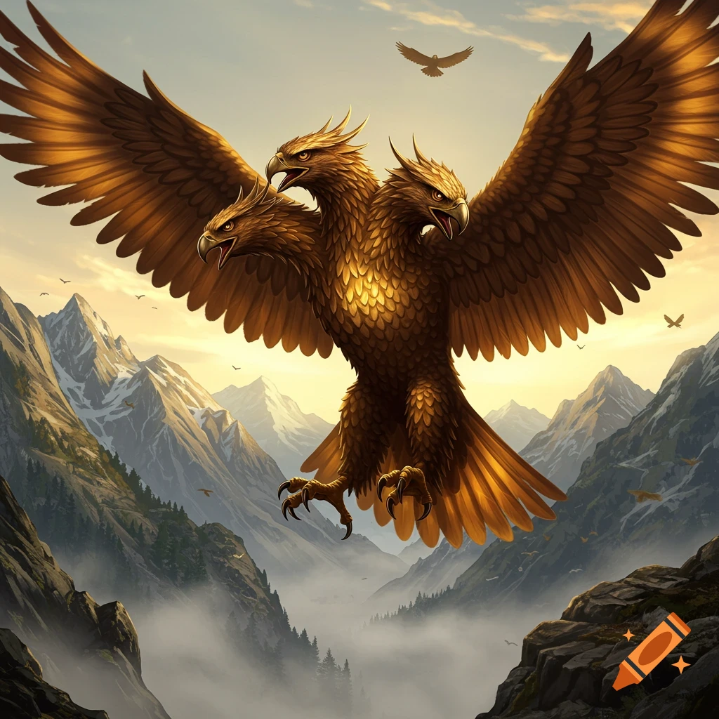 A majestic three-headed golden eagle-like creature soars over snow-capped mountains and misty valleys in a detailed digital painting.