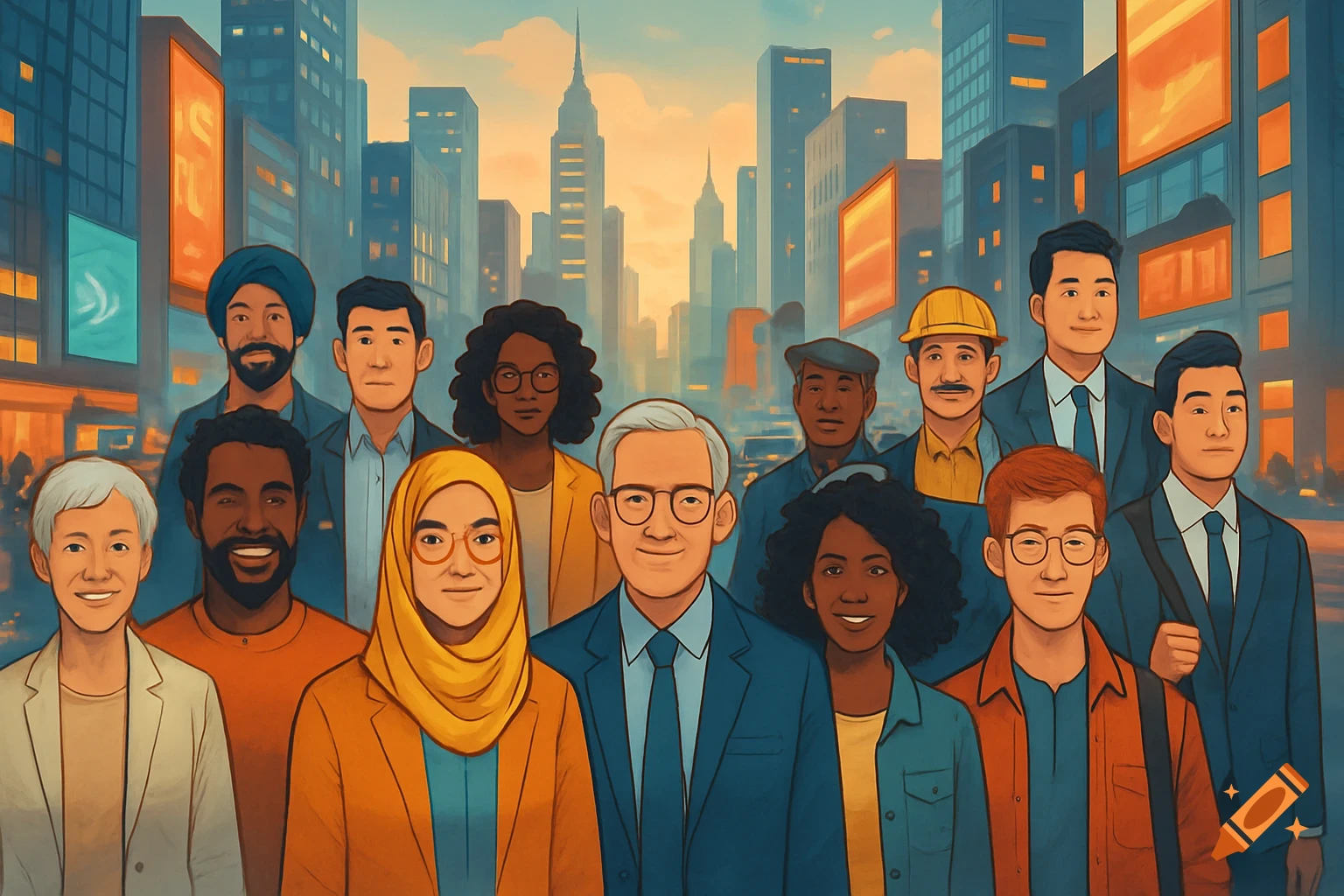 Illustration of a diverse group of people smiling in a bustling city setting with skyscrapers and illuminated signs.