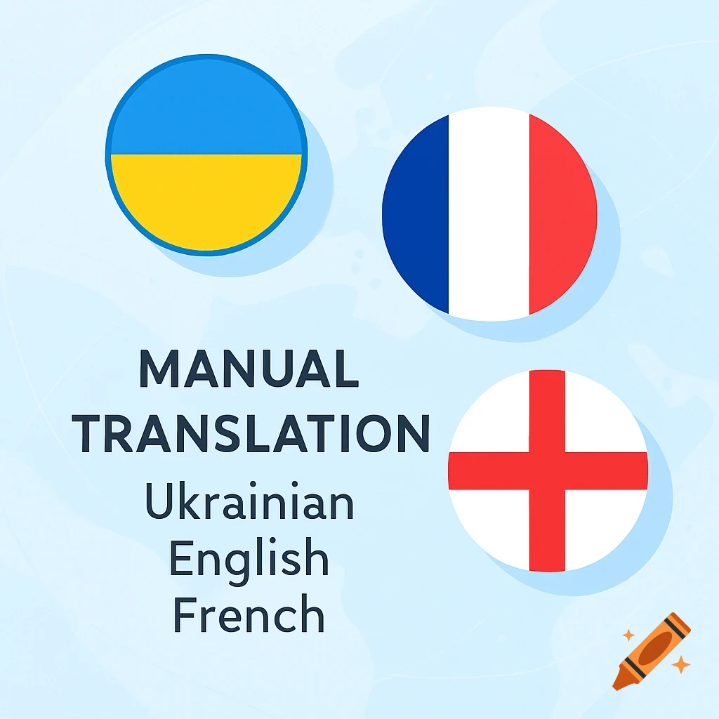 Circular flags of Ukraine, France, and England with text 'Manual Translation Ukrainian English French' on a blue background.