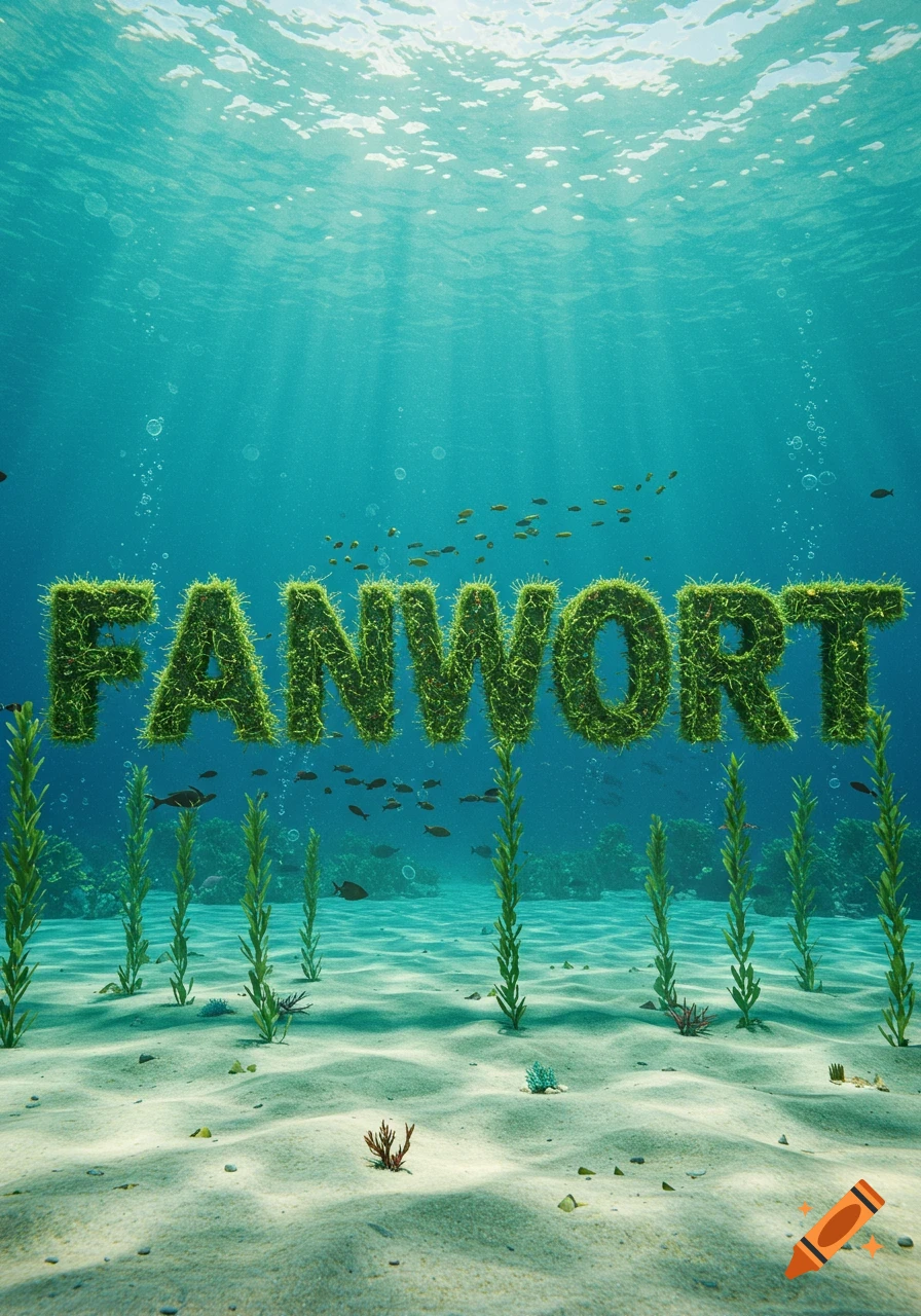 Underwater scene with the word 'FANWORT' made of green seaweed, surrounded by fish and plants on a sandy bottom.