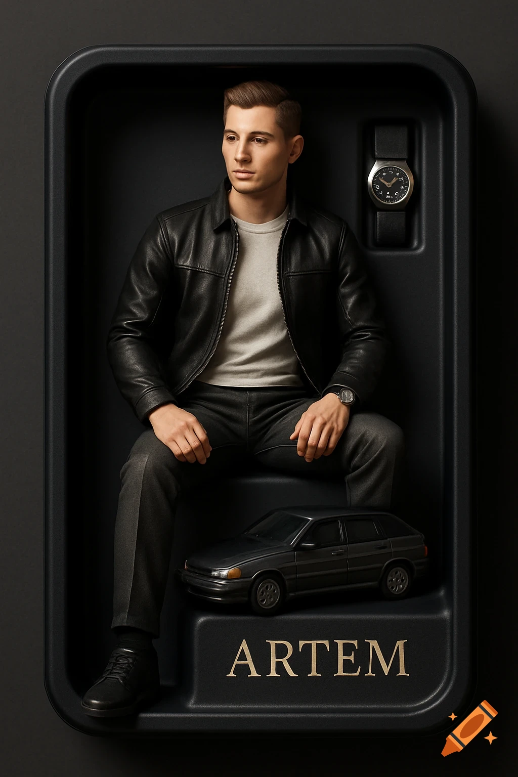 A man in a black leather jacket and trousers sits in a black display box with a watch and miniature car, and 'ARTEM' text.