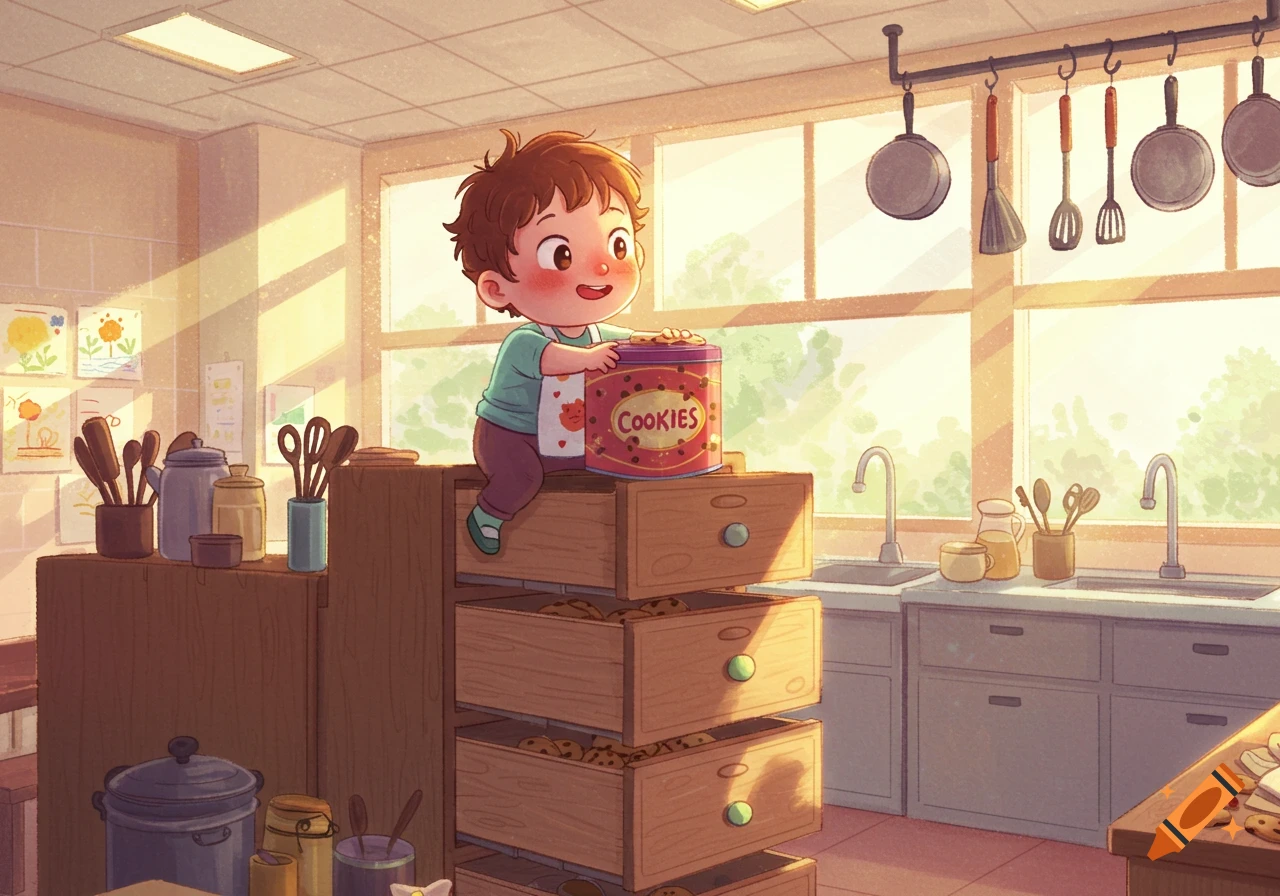 A cartoon toddler sits on kitchen drawers, reaching for a red tin labeled 'COOKIES' in a bright kitchen.